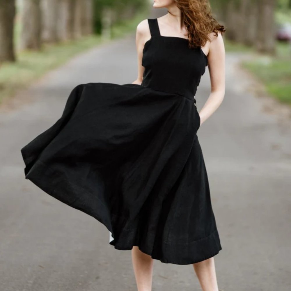 Son de Flor Black Linen Pinafore Dress XXL